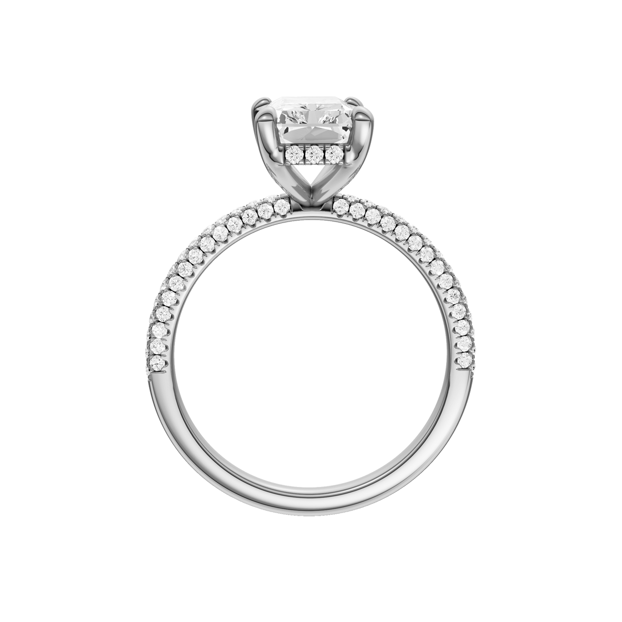 A profile view of the Radiant cut diamond engagement ring in 14k white gold with a pavé diamond band and cathedral setting