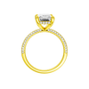 A profile view of the Radiant cut diamond engagement ring in 14k yellow gold with a pavé diamond band and cathedral setting