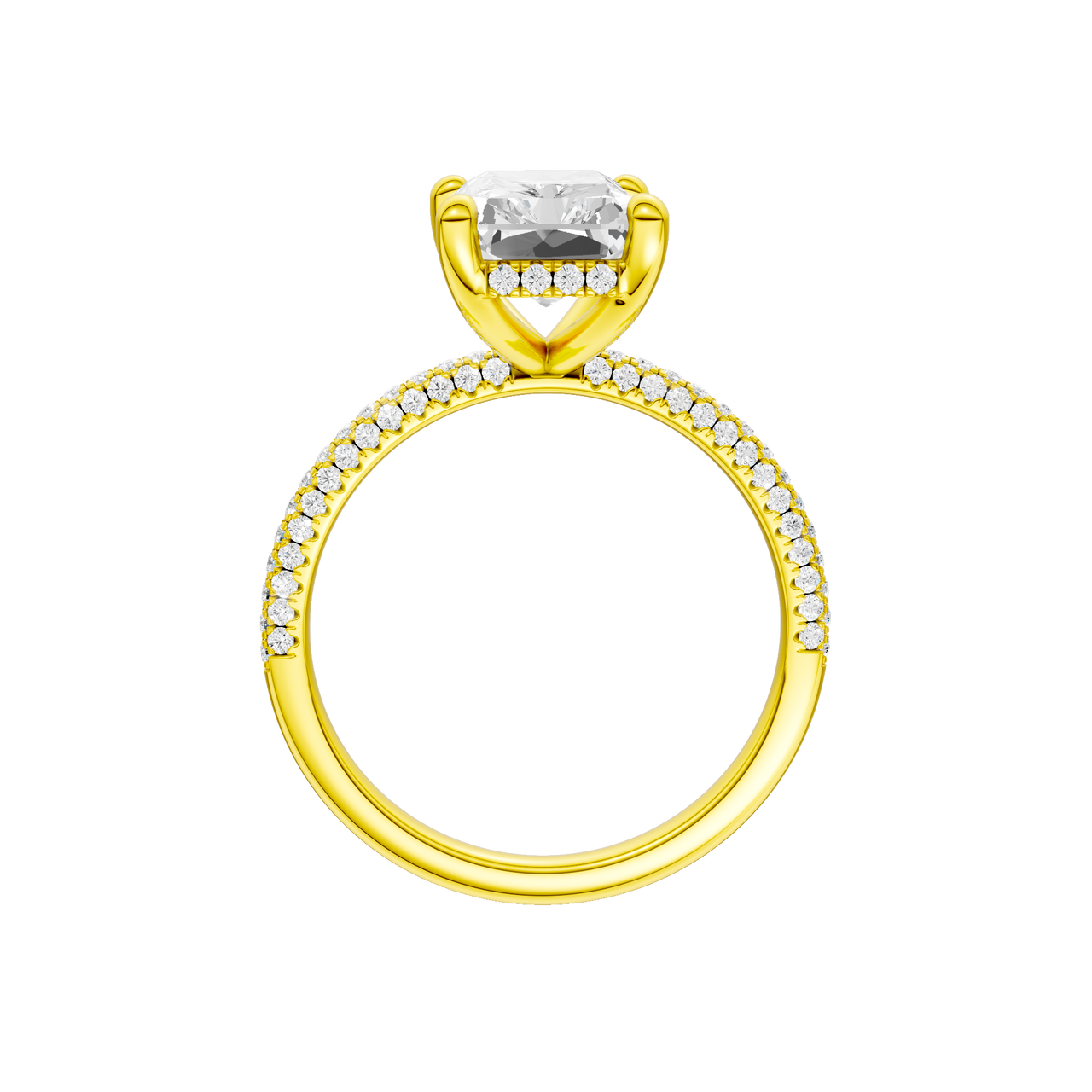 A profile view of the Radiant cut diamond engagement ring in 14k yellow gold with a pavé diamond band and cathedral setting