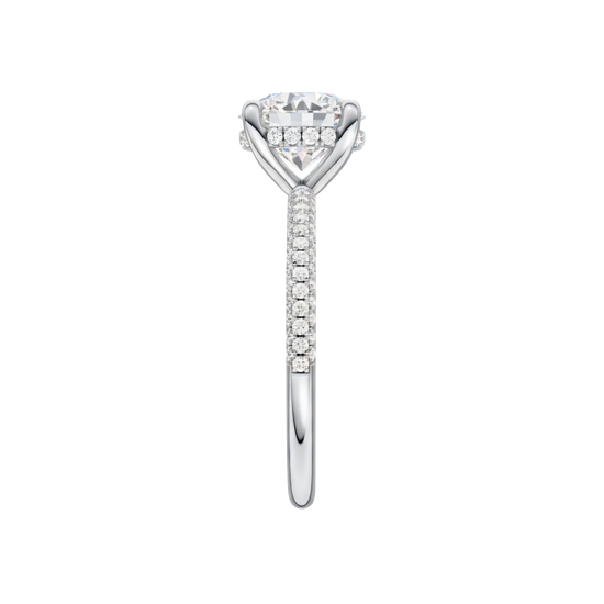 A side view of the Round cut diamond engagement ring in platinum with a pavé diamond band and cathedral setting