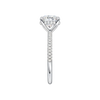 A side view of the Round cut diamond engagement ring in platinum with a pavé diamond band and cathedral setting