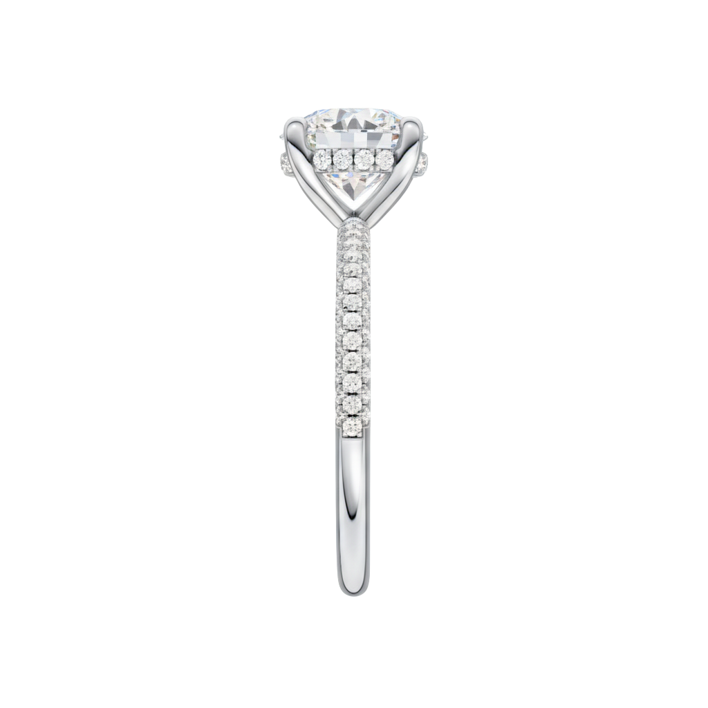 A side view of the Round cut diamond engagement ring in platinum with a pavé diamond band and cathedral setting