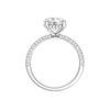 A profile view of the Round cut diamond engagement ring in 14k white gold with a pavé diamond band and cathedral setting
