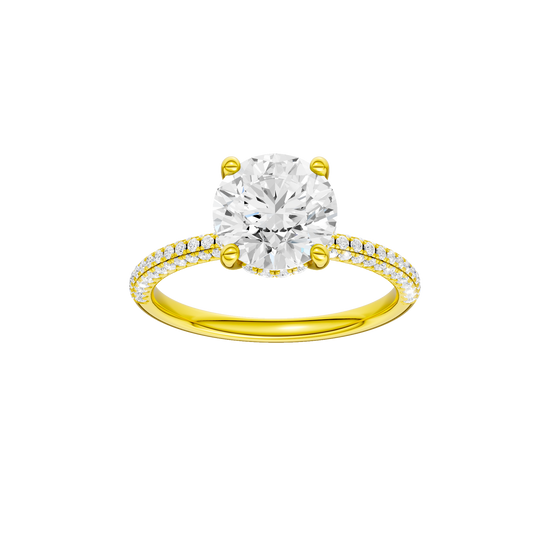 A front view of the Round cut diamond engagement ring in 14k yellow gold with a pavé diamond band and cathedral setting