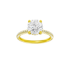 A front view of the Round cut diamond engagement ring in 14k yellow gold with a pavé diamond band and cathedral setting
