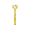 A side view of the Round cut diamond engagement ring in 14k yellow gold with a pavé diamond band and cathedral setting