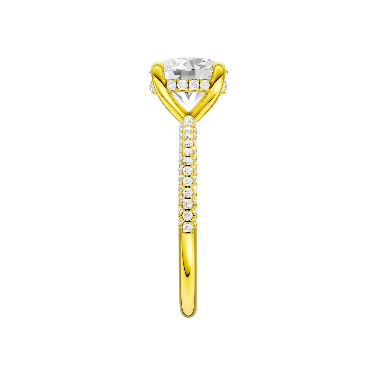 A side view of the Round cut diamond engagement ring in 14k yellow gold with a pavé diamond band and cathedral setting