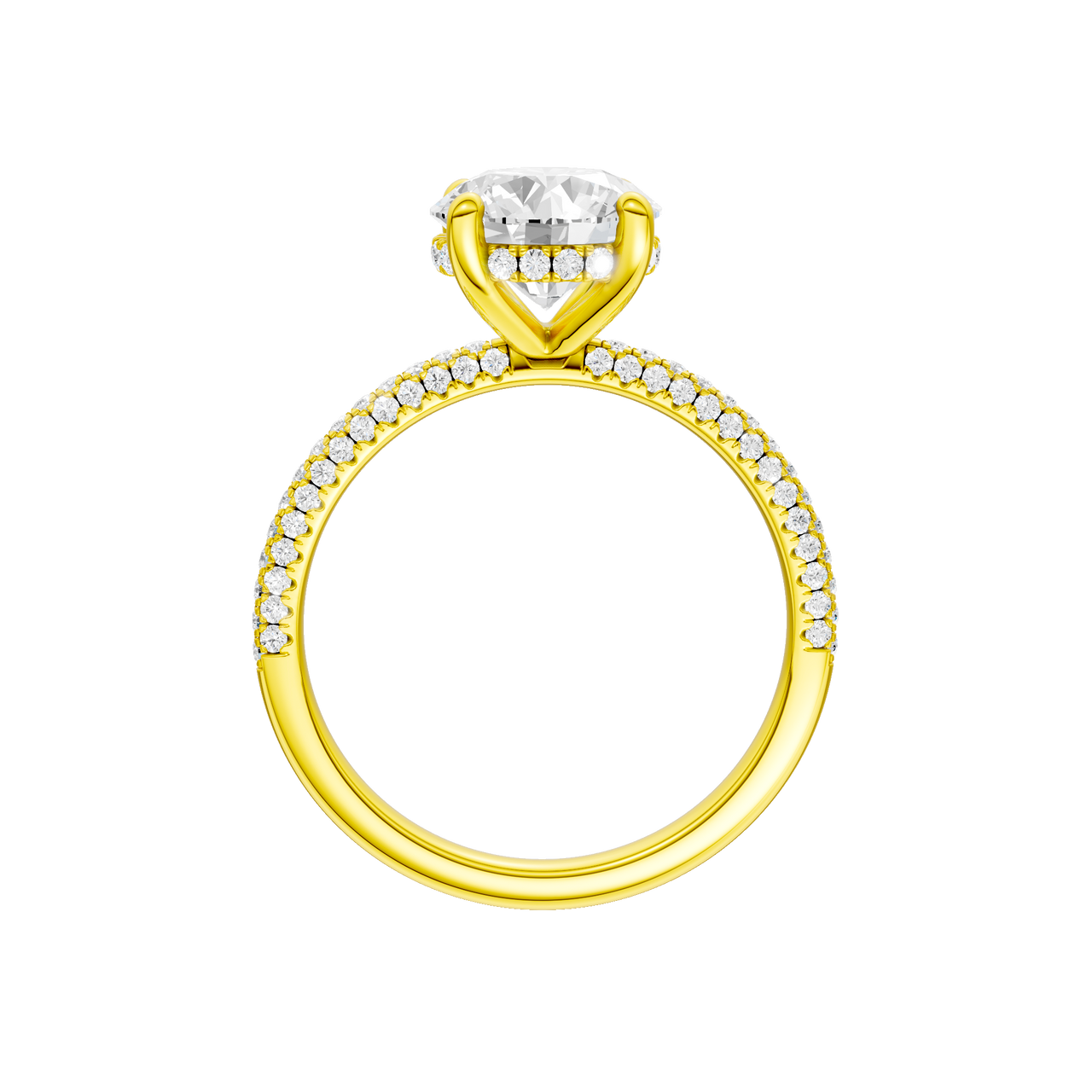 A profile view of the Round cut diamond engagement ring in 14k yellow gold with a pavé diamond band and cathedral setting