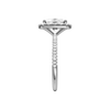 A side view of the Elongated cushion cut diamond engagement ring in 14k white gold with a pavé diamond band and solitaire setting