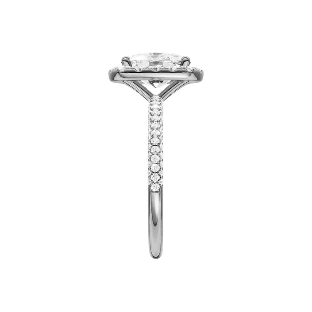 A side view of the Elongated cushion cut diamond engagement ring in 14k white gold with a pavé diamond band and solitaire setting
