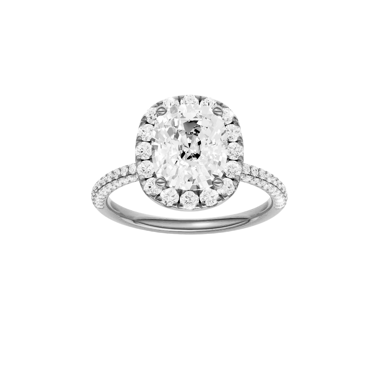 A front view of the Elongated cushion cut diamond engagement ring in 14k white gold with a pavé diamond band and solitaire setting