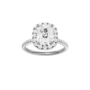 A front view of the Elongated cushion cut diamond engagement ring in 14k white gold with a pavé diamond band and solitaire setting