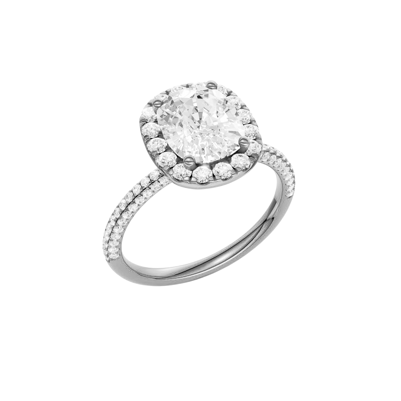 A three-quarter view of the Elongated cushion cut diamond engagement ring in 14k white gold with a pavé diamond band and solitaire setting