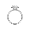 A profile view of the Elongated cushion cut diamond engagement ring in 14k white gold with a pavé diamond band and solitaire setting