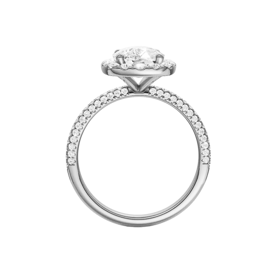 A profile view of the Elongated cushion cut diamond engagement ring in platinum with a pavé diamond band and solitaire setting