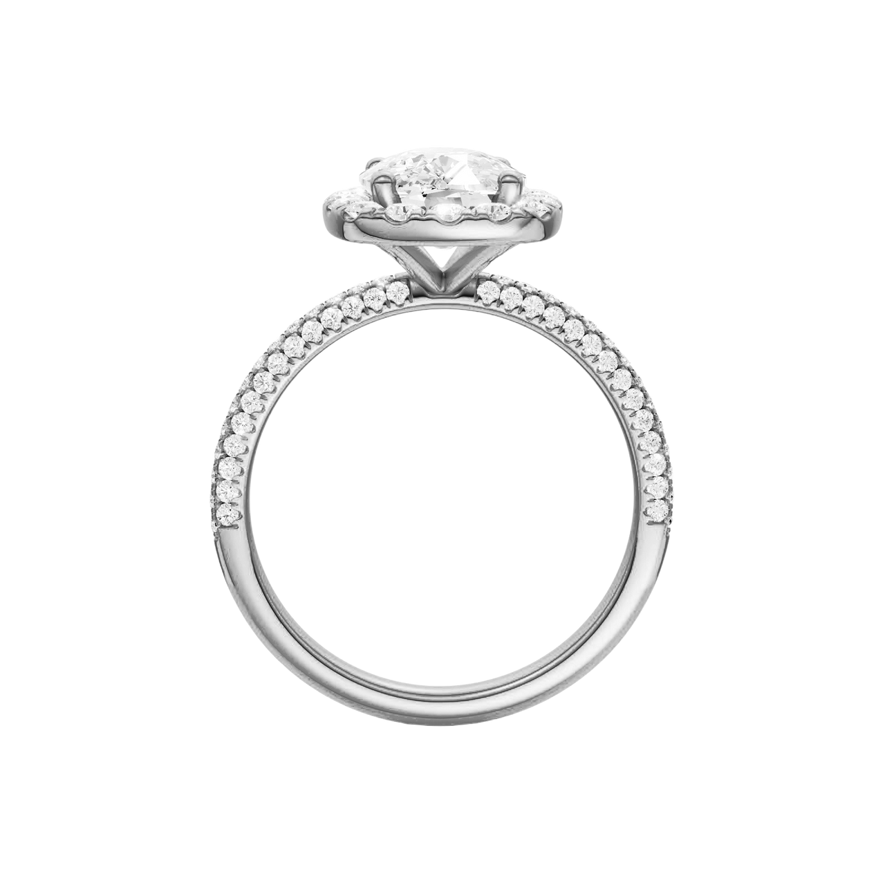 A profile view of the Elongated cushion cut diamond engagement ring in platinum with a pavé diamond band and solitaire setting