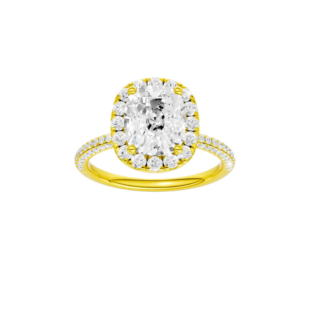 A front view of the Elongated cushion cut diamond engagement ring in 14k yellow gold with a pavé diamond band and solitaire setting