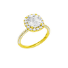 A three-quarter view of the Elongated cushion cut diamond engagement ring in 14k yellow gold with a pavé diamond band and solitaire setting