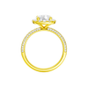 A profile view of the Elongated cushion cut diamond engagement ring in 14k yellow gold with a pavé diamond band and solitaire setting