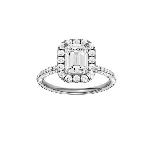 A front view of the Emerald cut diamond engagement ring in 14k white gold with a pavé diamond band and solitaire setting