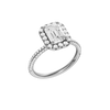 A three-quarter view of the Emerald cut diamond engagement ring in 14k white gold with a pavé diamond band and solitaire setting