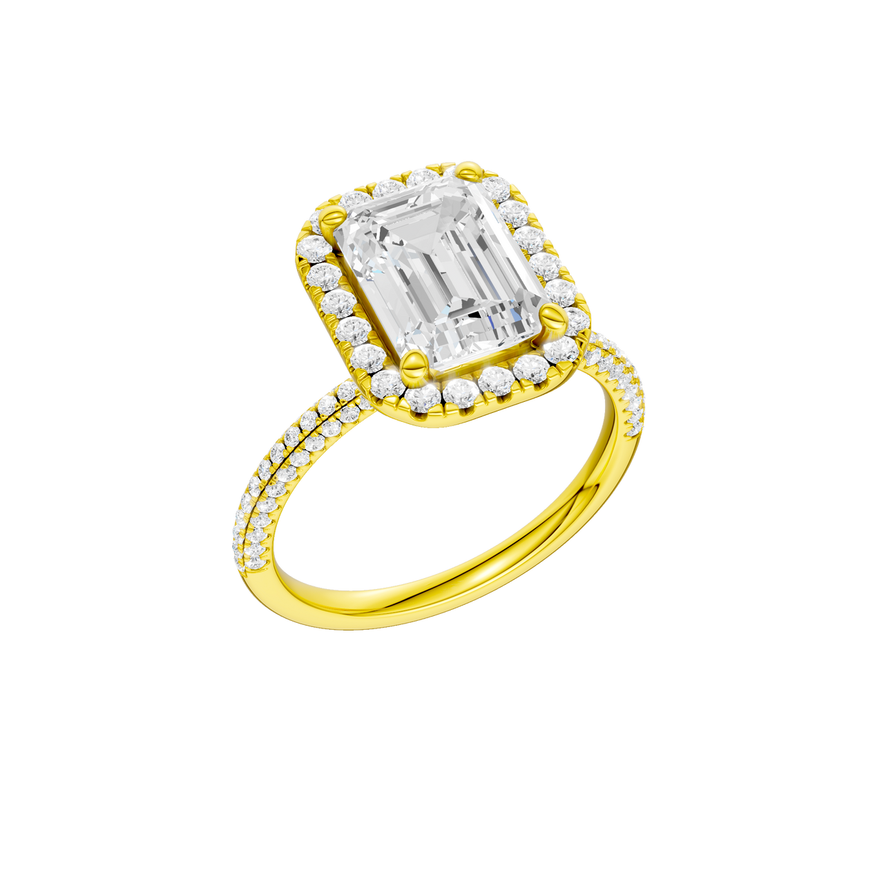 A three-quarter view of the Emerald cut diamond engagement ring in 14k yellow gold with a pavé diamond band and solitaire setting