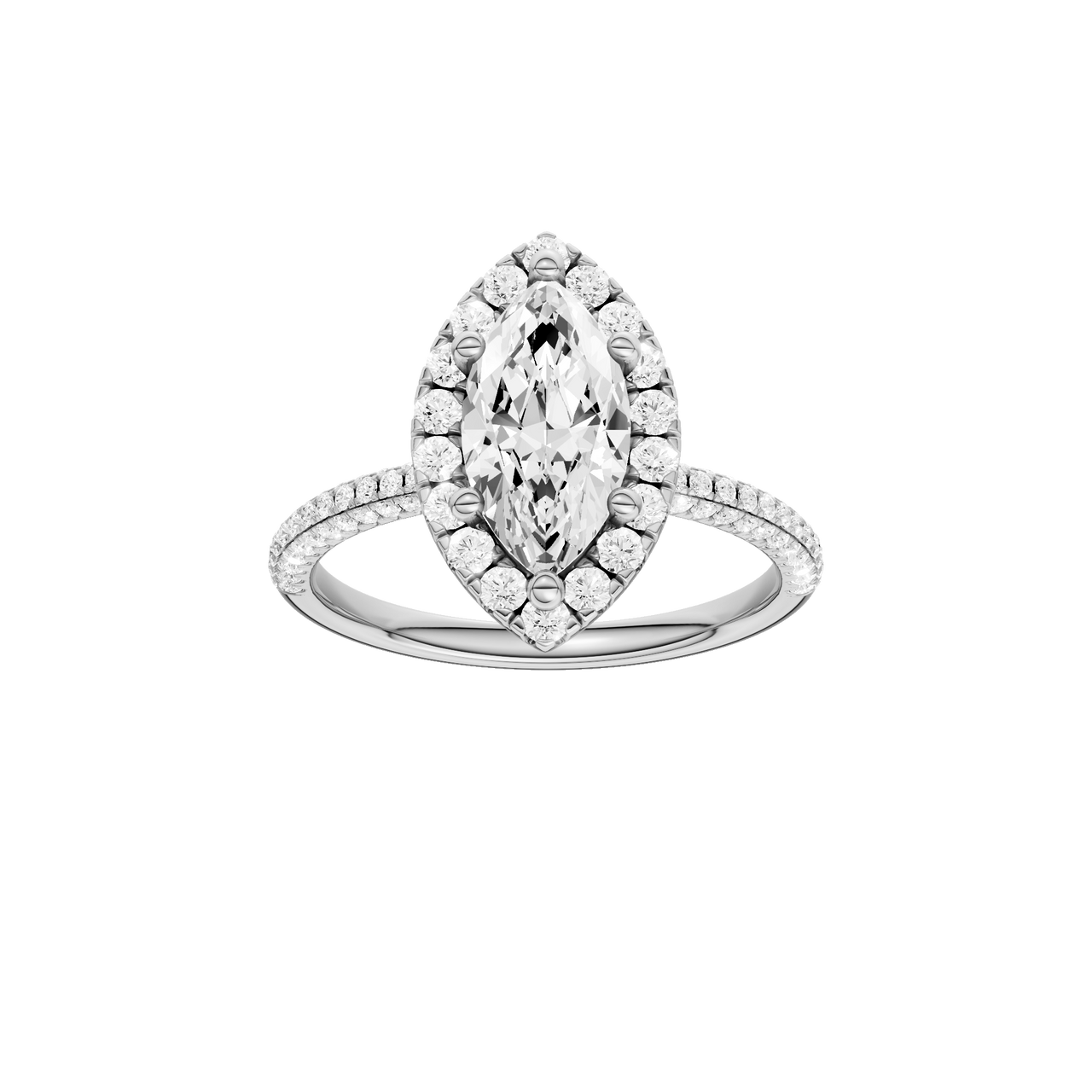 A front view of the Marquise cut diamond engagement ring in 14k white gold with a pavé diamond band and solitaire setting