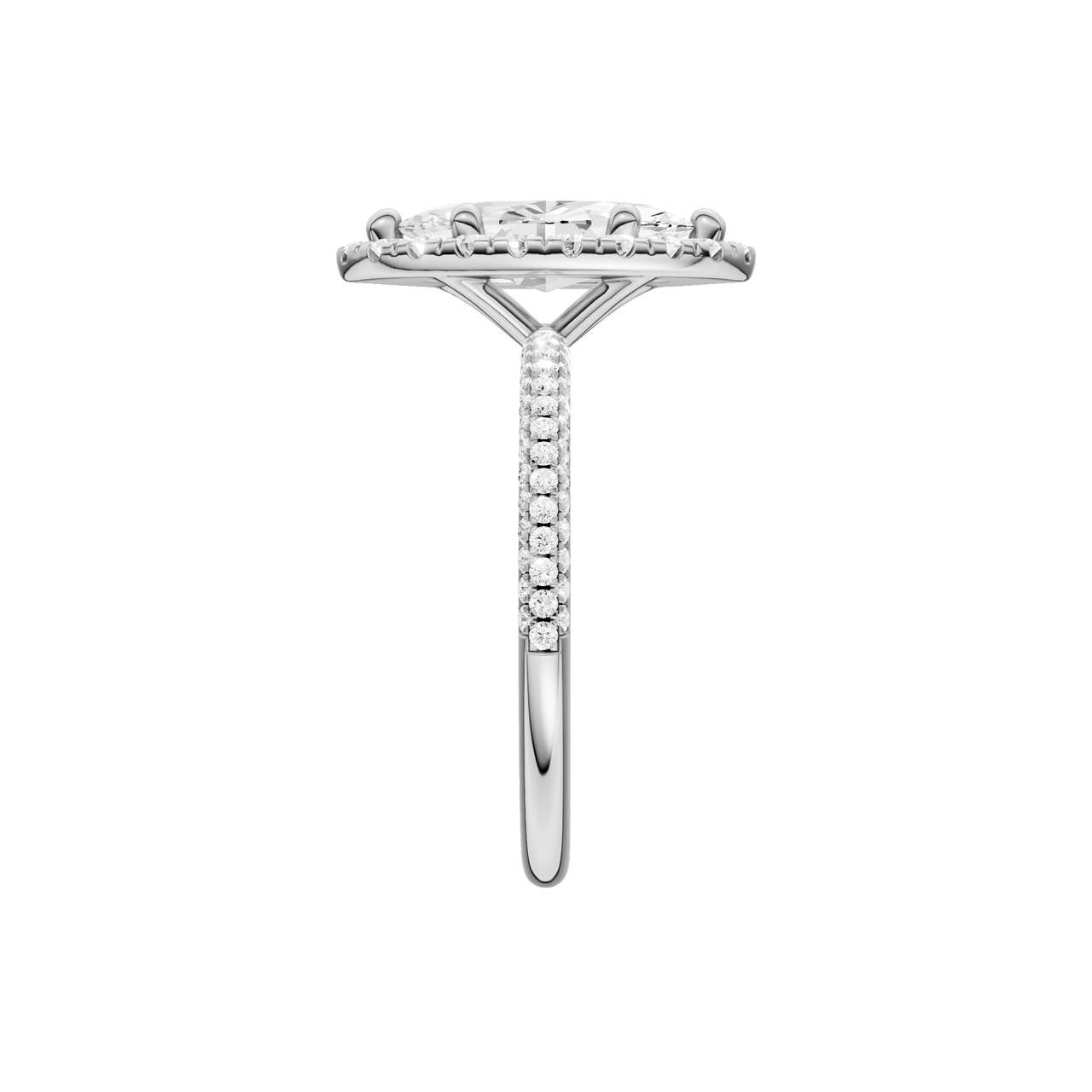A side view of the Marquise cut diamond engagement ring in 14k white gold with a pavé diamond band and solitaire setting