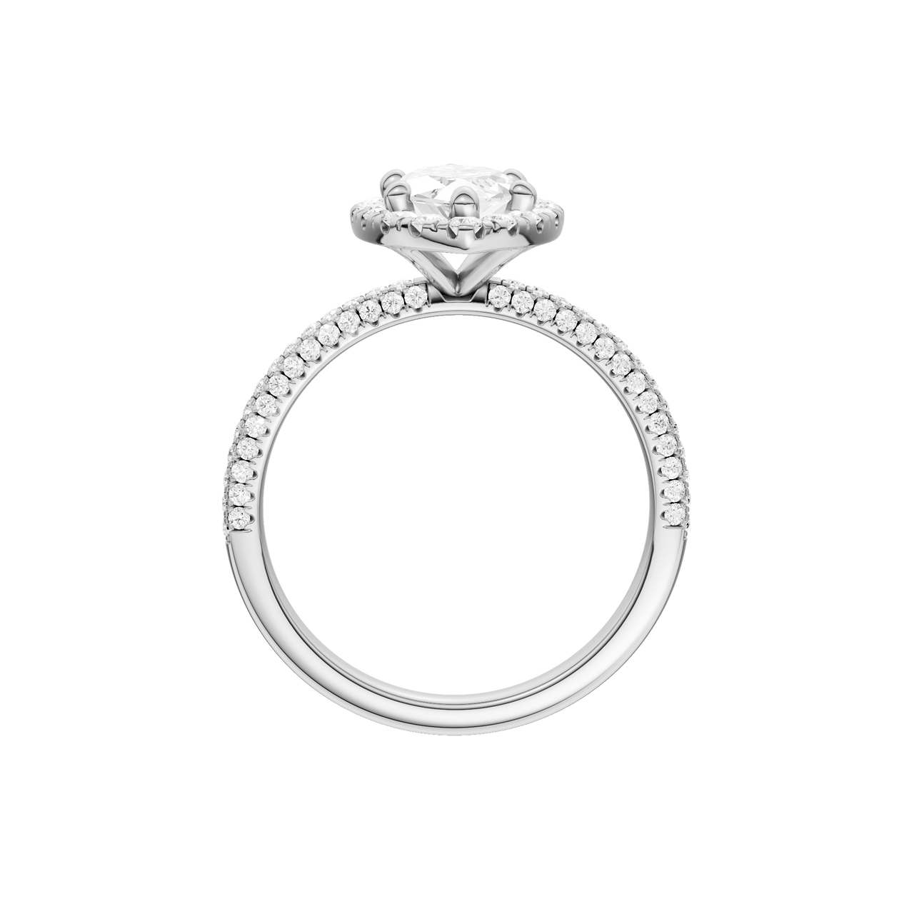 A profile view of the Marquise cut diamond engagement ring in 14k white gold with a pavé diamond band and solitaire setting