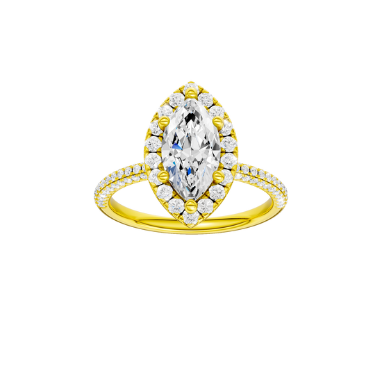 A front view of the Marquise cut diamond engagement ring in 14k yellow gold with a pavé diamond band and solitaire setting