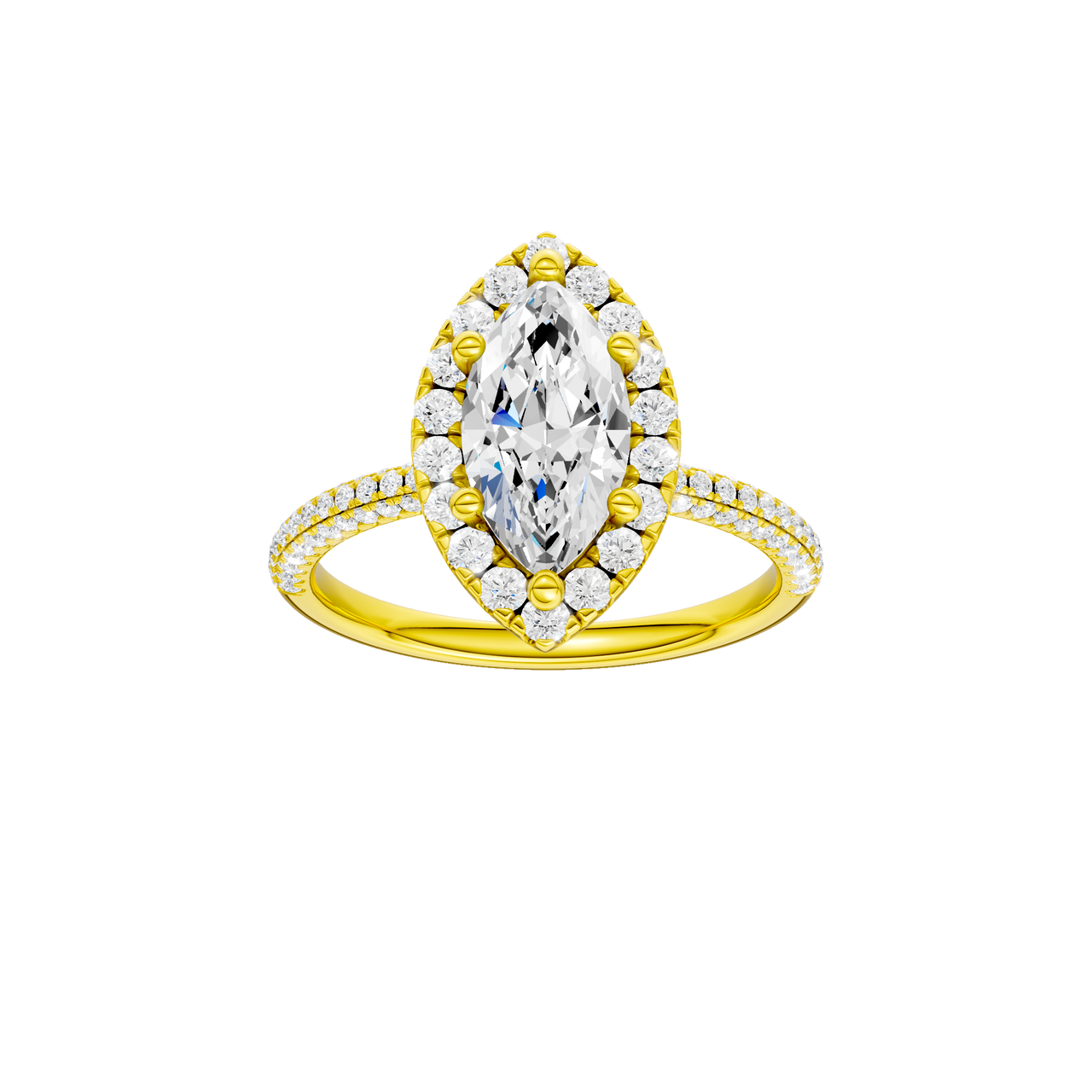 A front view of the Marquise cut diamond engagement ring in 14k yellow gold with a pavé diamond band and solitaire setting