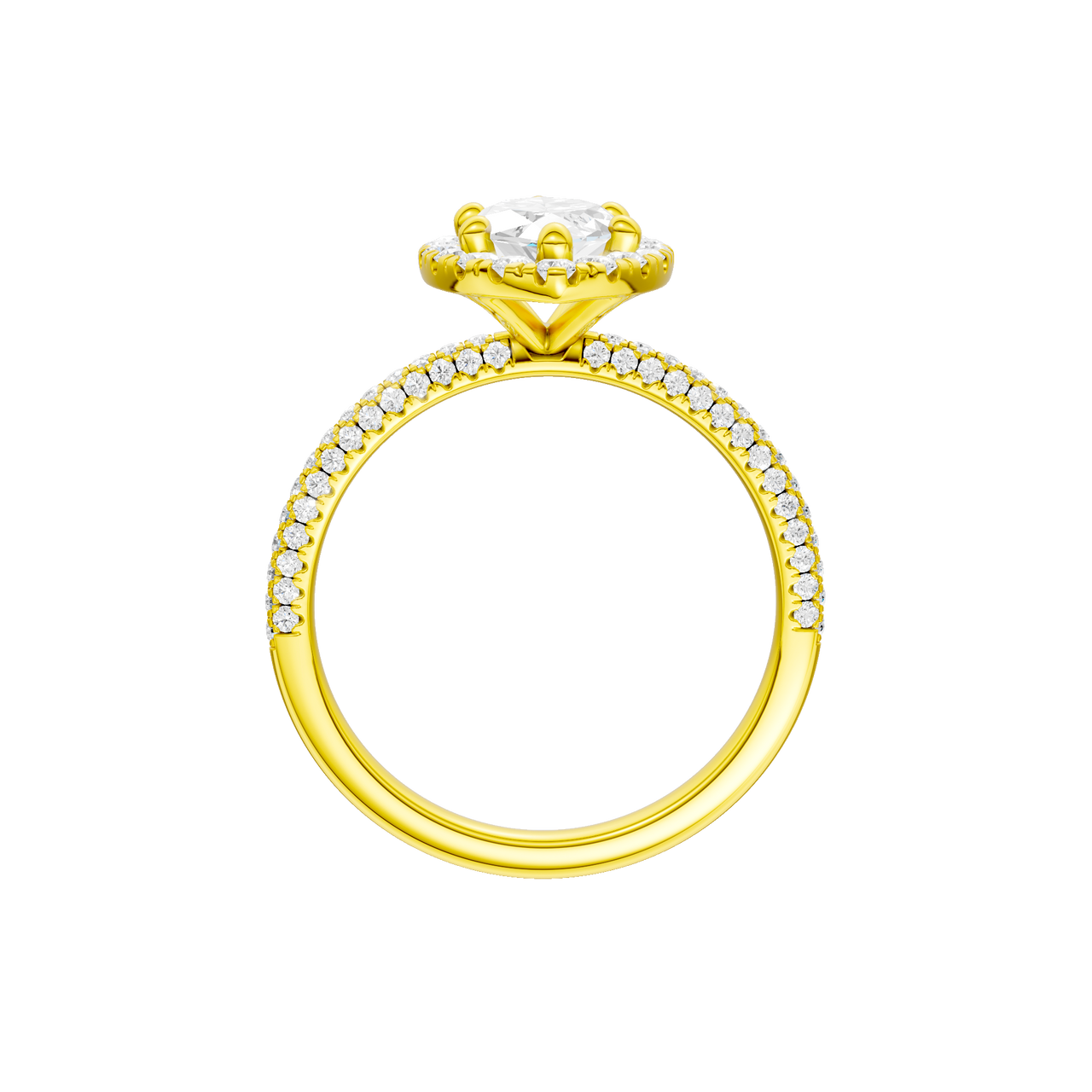 A profile view of the Marquise cut diamond engagement ring in 14k yellow gold with a pavé diamond band and solitaire setting