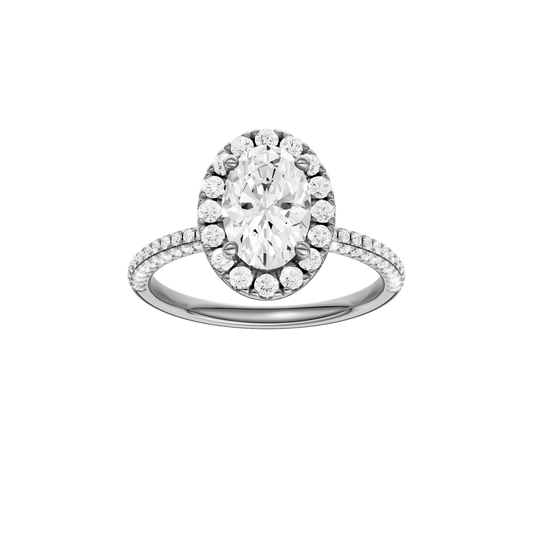 A front view of the oval cut diamond engagement ring in 14k white gold with a pavé diamond band and solitaire setting