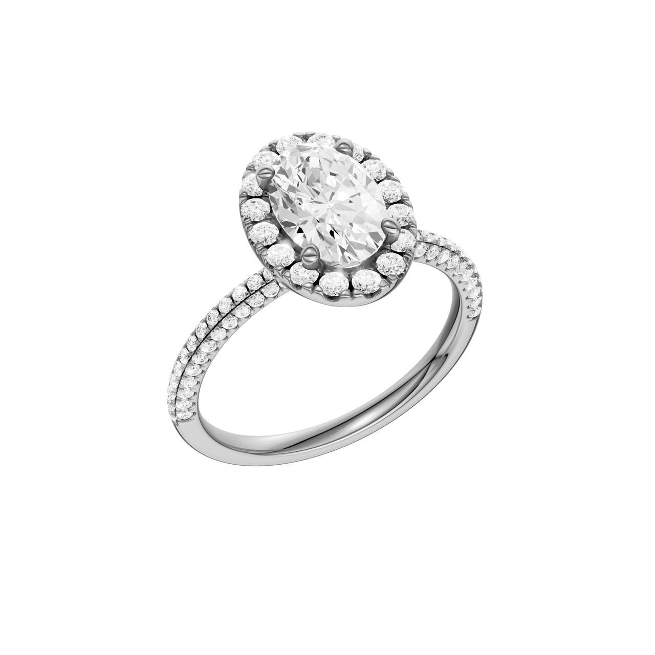 A three-quarter view of the oval cut diamond engagement ring in 14k white gold with a pavé diamond band and solitaire setting
