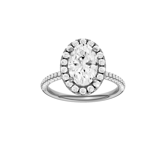A front view of the oval cut diamond engagement ring in platinum with a pavé diamond band and solitaire setting