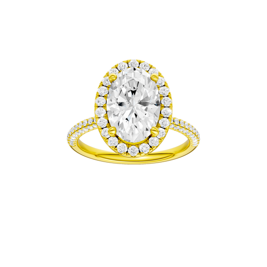 A front view of the oval cut diamond engagement ring in 14k yellow gold with a pavé diamond band and solitaire setting