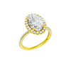 A three-quarter view of the oval cut diamond engagement ring in platinum with a pavé diamond band and solitaire setting