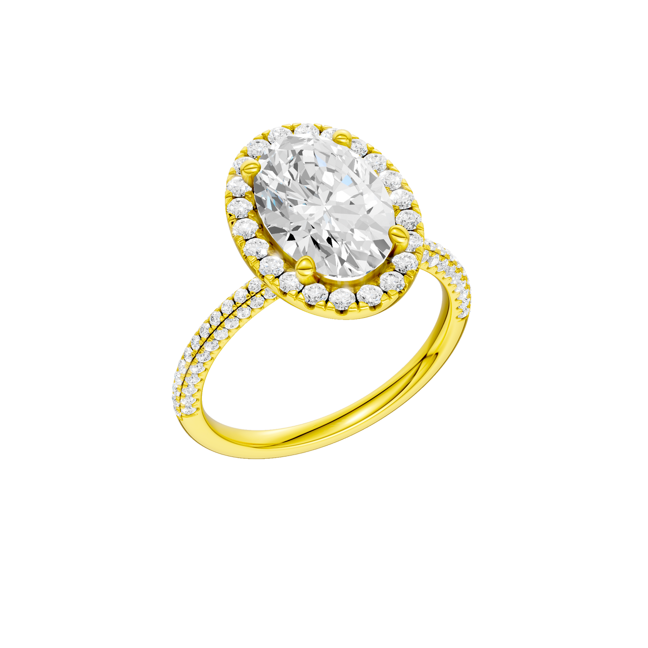 A three-quarter view of the oval cut diamond engagement ring in platinum with a pavé diamond band and solitaire setting