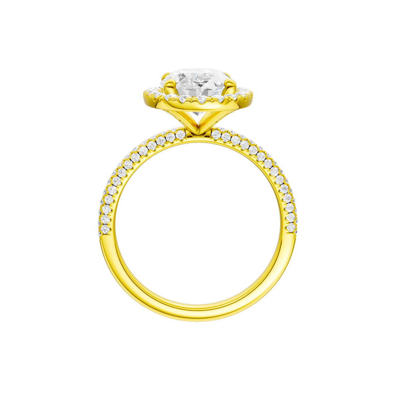 A profile  view of the oval cut diamond engagement ring in 14k yellow gold with a pavé diamond band and solitaire setting