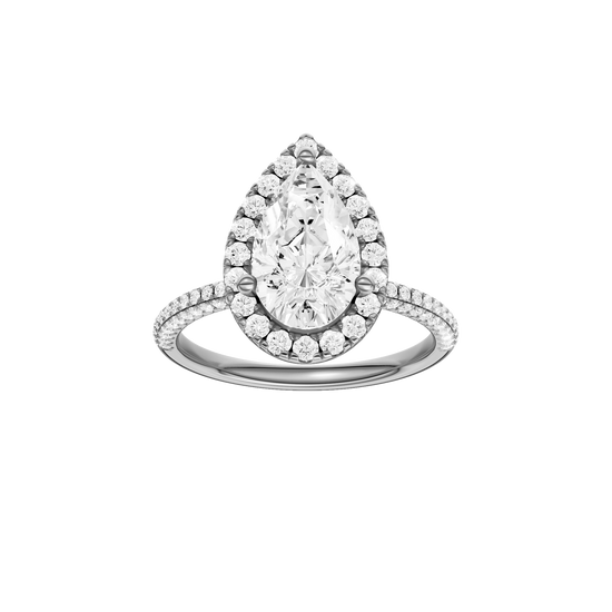 A front view of the Pear cut diamond engagement ring in platinum with a pavé diamond band and solitaire setting
