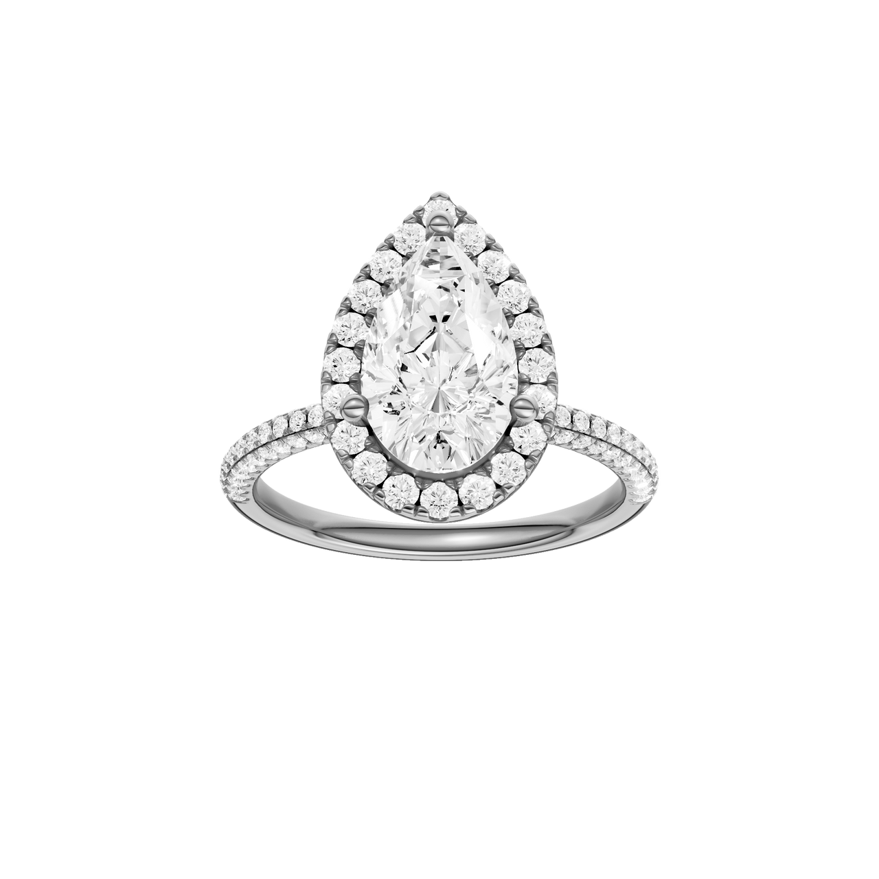 A front view of the Pear cut diamond engagement ring in 14k white gold with a pavé diamond band and solitaire setting