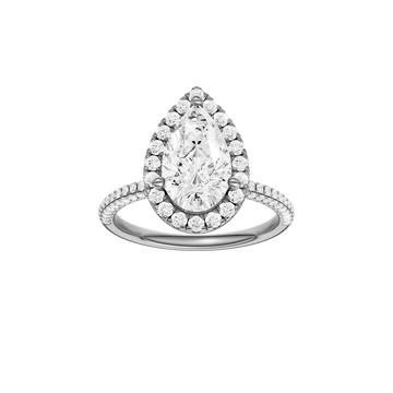A front view of the Pear cut diamond engagement ring in 14k white gold with a pavé diamond band and solitaire setting