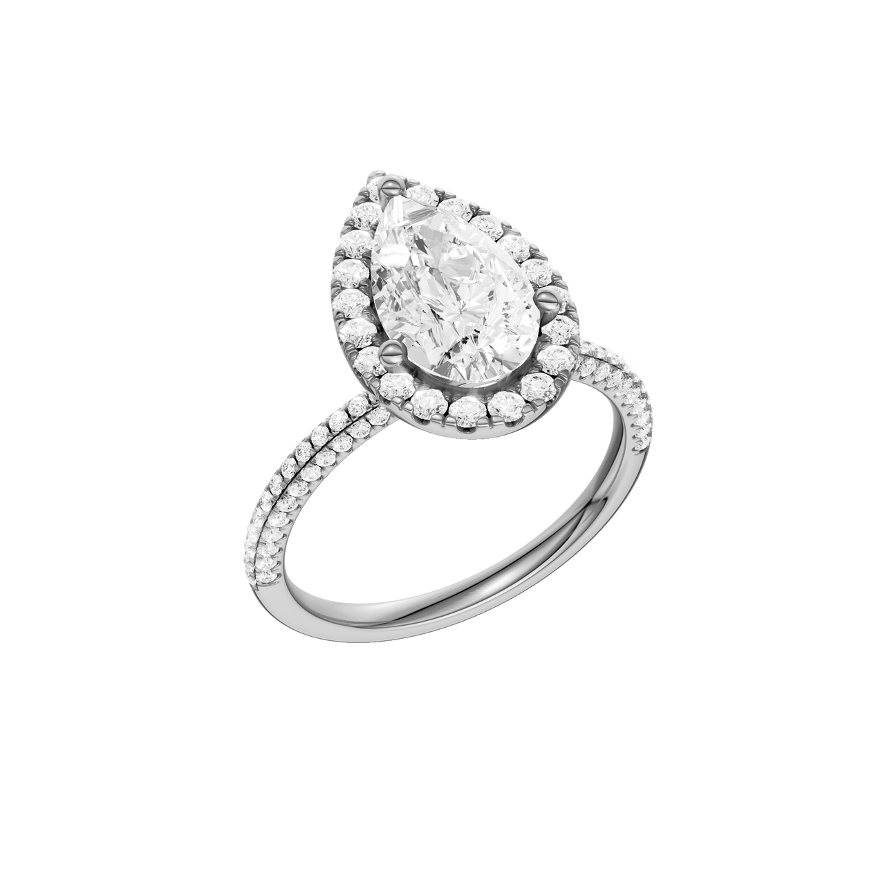 A three-quarter view of the Pear cut diamond engagement ring in 14k white gold with a pavé diamond band and solitaire setting