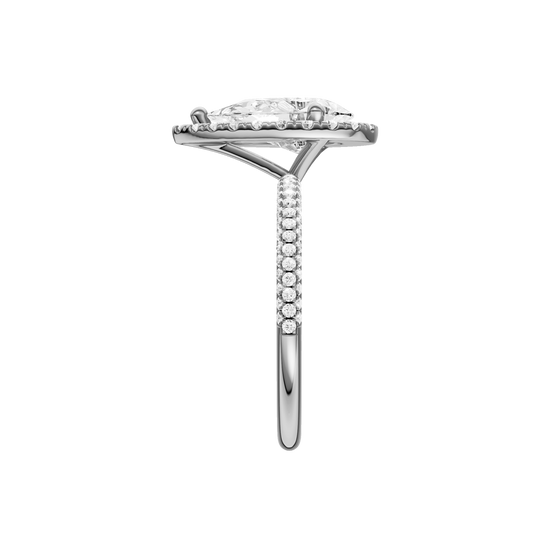 A side view of the Pear cut diamond engagement ring in 14k white gold with a pavé diamond band and solitaire setting
