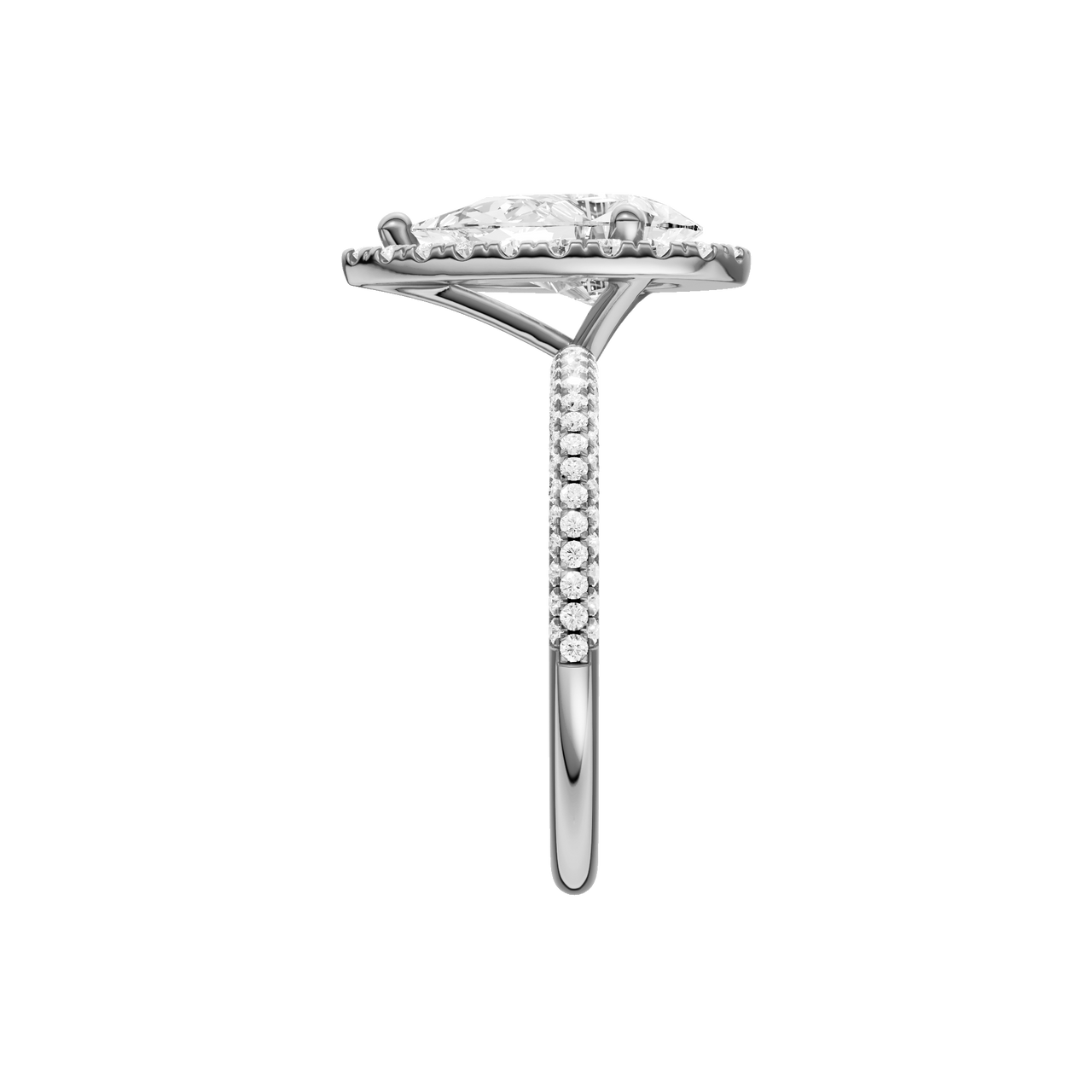 A side view of the Pear cut diamond engagement ring in platinum with a pavé diamond band and solitaire setting