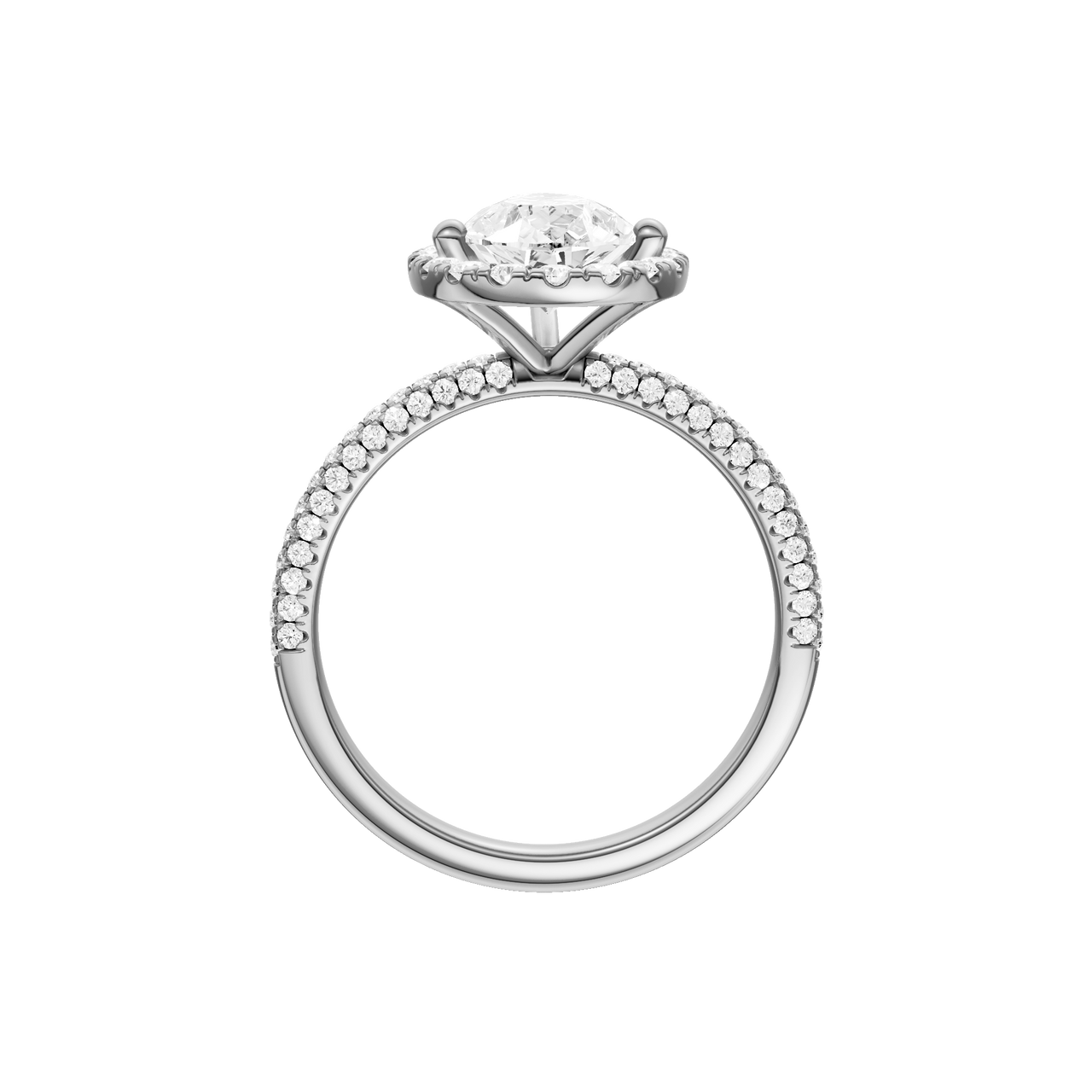 A profile view of the Pear cut diamond engagement ring in platinum with a pavé diamond band and solitaire setting