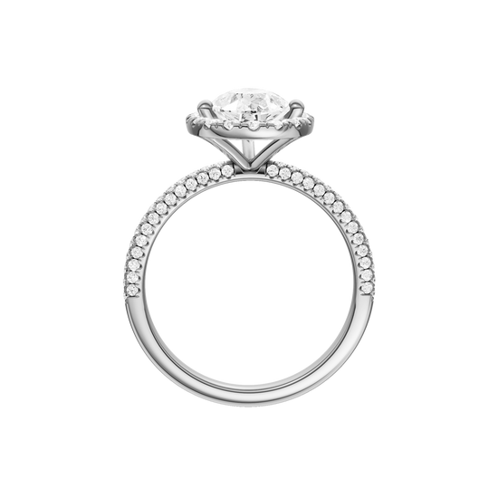 A profile view of the Pear cut diamond engagement ring in 14k white gold with a pavé diamond band and solitaire setting
