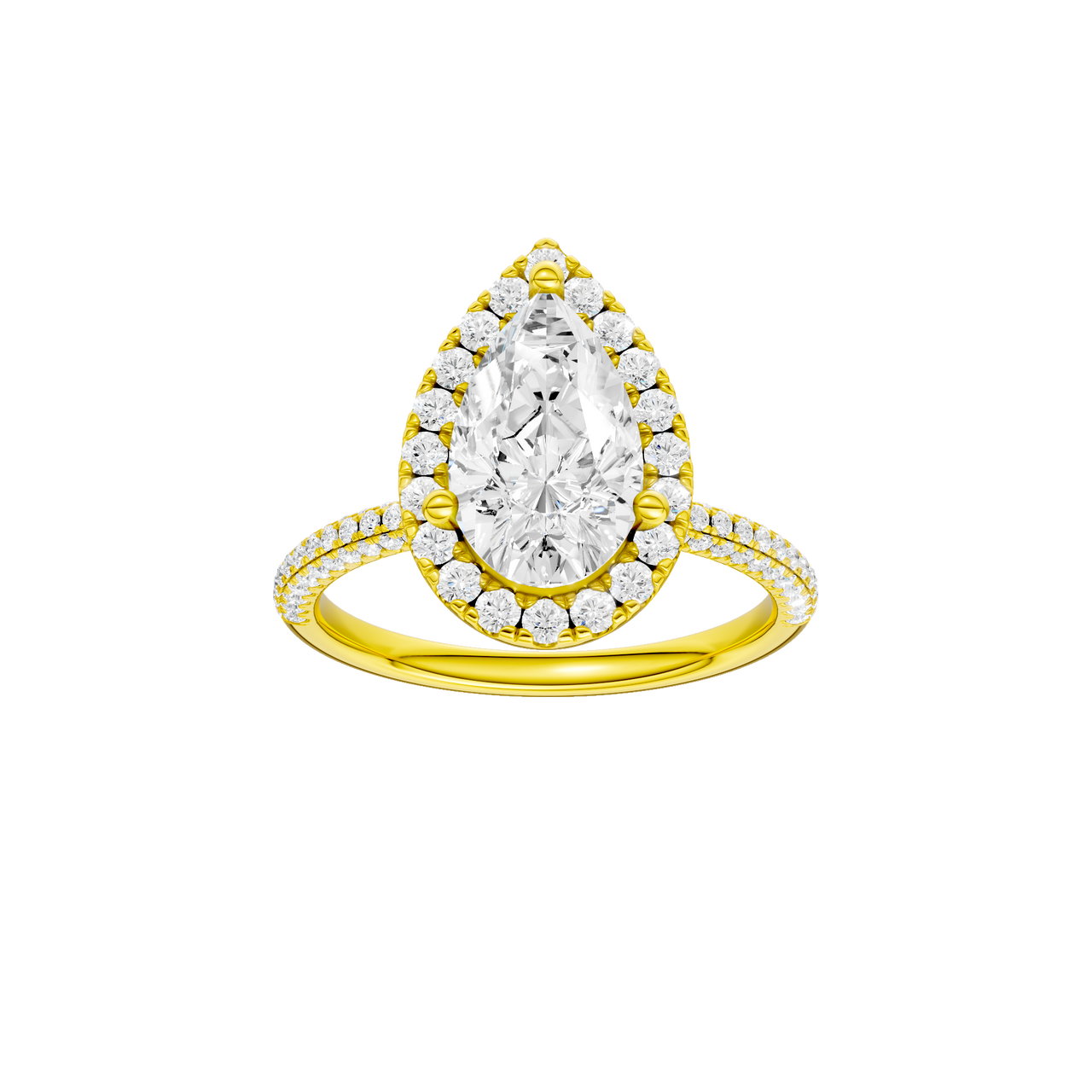 A front view of the Pear cut diamond engagement ring in 14k yellow gold with a pavé diamond band and solitaire setting