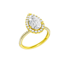 A three-quarter view of the Pear cut diamond engagement ring in 14k yellow gold with a pavé diamond band and solitaire setting