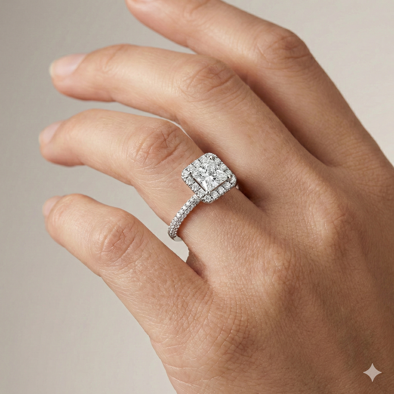 Princess cut diamond engagement ring in 14k white gold with a pavé diamond band and solitaire setting on a hand